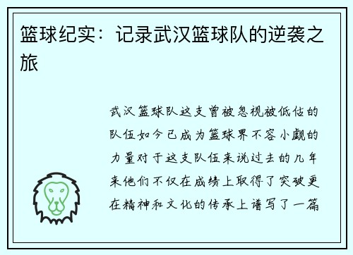 篮球纪实：记录武汉篮球队的逆袭之旅