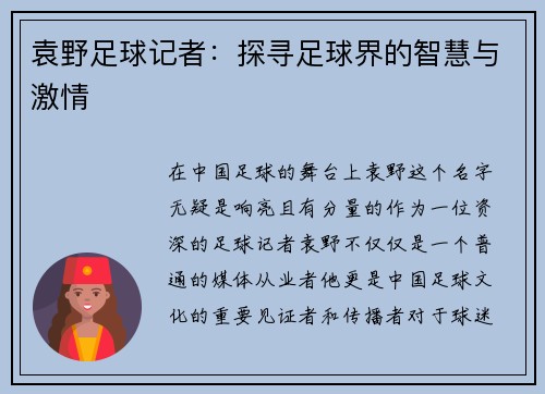 袁野足球记者：探寻足球界的智慧与激情