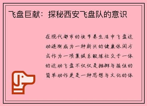 飞盘巨献：探秘西安飞盘队的意识