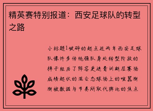 精英赛特别报道：西安足球队的转型之路